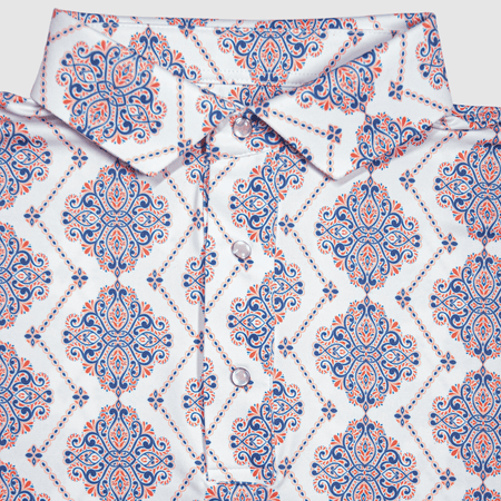 Close-up of The Hold 'Em Pearl Snap Polo by Iron Oak Apparel, featuring a vibrant blue and orange pattern on a white background.